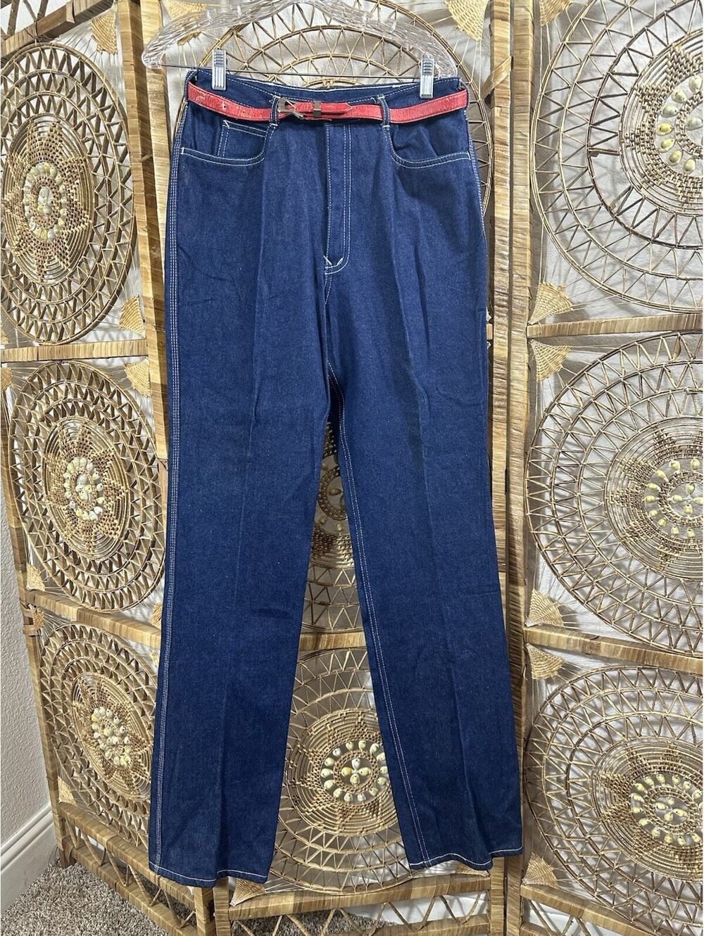 Vintage N’est Ce Pas Jeans 31.5 High Waist Dark Indigo Denim Red Belt Taiwan